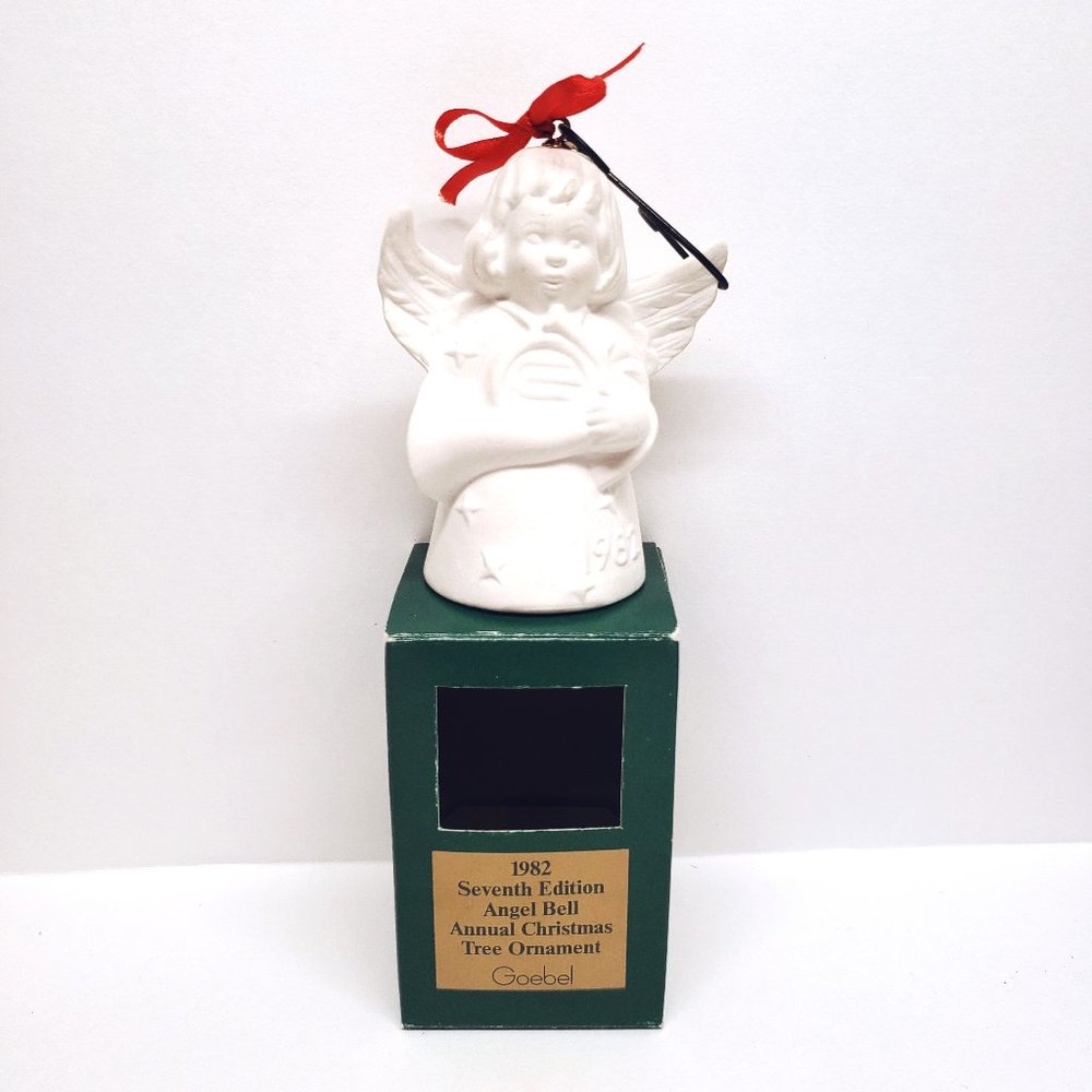 Vintage 1982 Goebel Angel Bell Christmas Ornament French Horn White Bisque